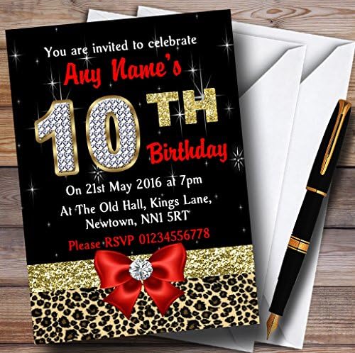 Red Diamond and Leopard Print 10th Birthday Party Convites personalizados