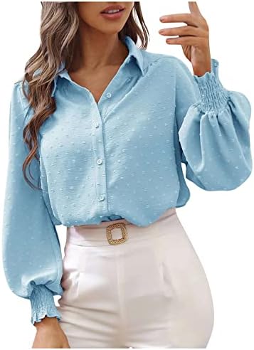 Nokmopo Tops for Women Casual Fall Fashion lapela Slave longa blusa de cor sólida camisa de malha básica