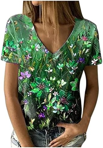 Camiseta superior para mulheres Summer Summer outono de manga curta v algodão de algodão Floral Graphic Casual