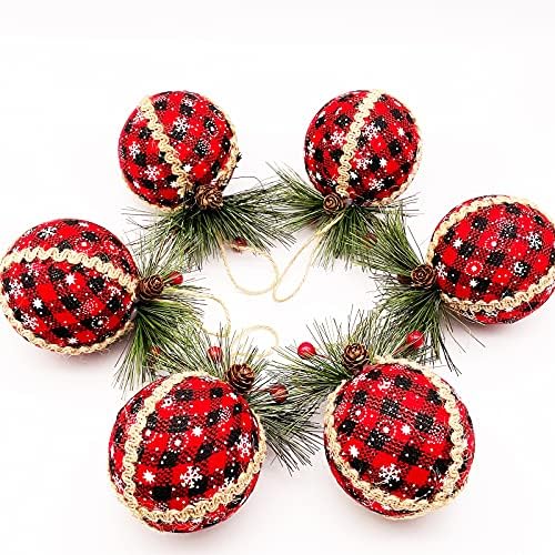 Kinmris 6pcs Ornamentos de bola xadrez de natal - 3 polegadas preto e vermelho búfalo plaid tecido ornamentos