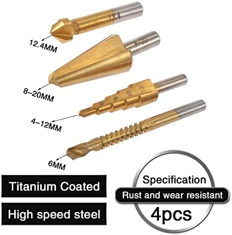 Katur 4PCS HSS Titanium revestido de broca Bit Bit, Bit de broca de torção de 6mm serra, broca de 4-12mm de broca de etapa, broca de guarda-chuva de 8-20mm
