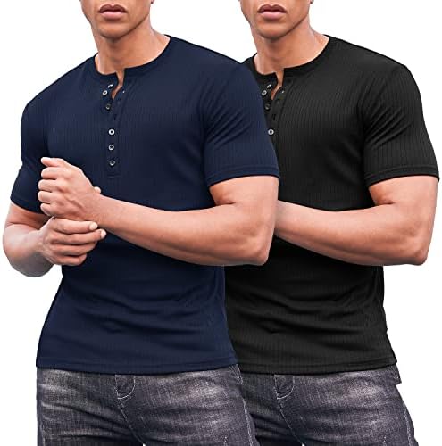 Coofandy masculino Henley Muscle T camisetas 2 pacote de manga curta Camisas de malha casual com estrias de treino