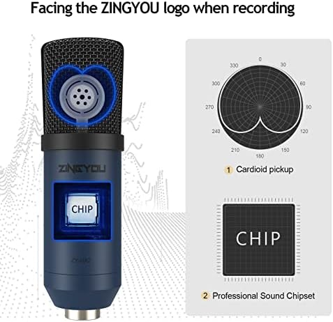 Zingyou USB Microfone condensador, kit de microfone para computador cardióides de 96kHz/24 bits para gravação
