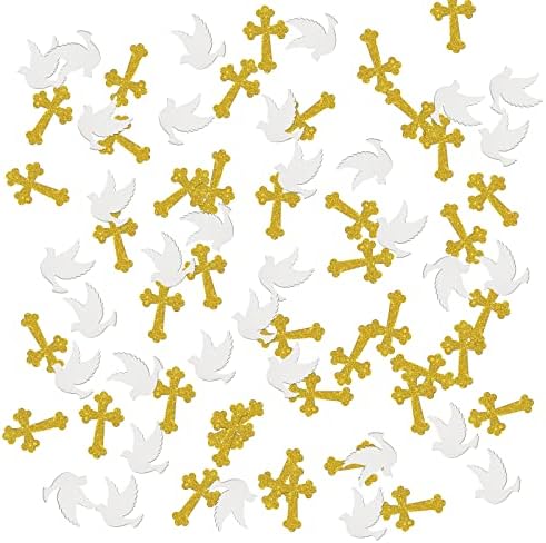 Confetti do batismo halodete - Cruz Deus abençoe decorações de mesa - Confetti da festa da comunhão - meu batismo de batismo de batismo decorações de confete - glitter branco dourado, 120pcs