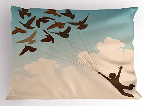 Ambesonne Birds Pillow Sham, silhueta de garoto carregado por pombos voadores inspiração siga seus