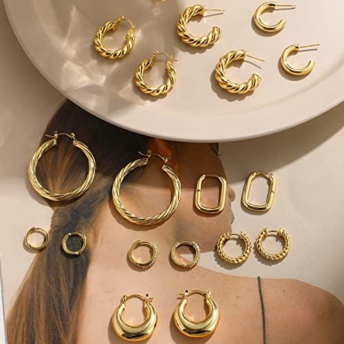 9 pares Brincos de argola de ouro para mulheres, 14k Gold banhado
