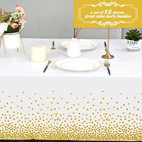 YMHPRIDE 12 Pacote de mesa de plástico branca e dourada, 54 x 108 polegadas de estampagem DOT Toclagem de mesa descartável de plástico para noivado de aniversário Decorações de festas