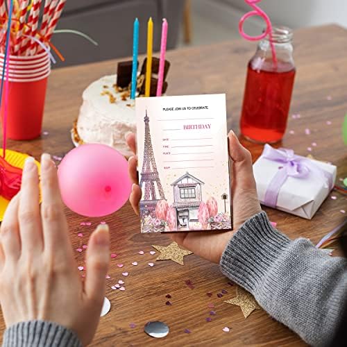 Cartões de convite de aniversário de Suixo Paris, Festa de Aniversário da Parisiense Francesa, Pink Romantic Tower Party Celebration Supplies for Boys & Girls, 20 cartões com envelopes - B11