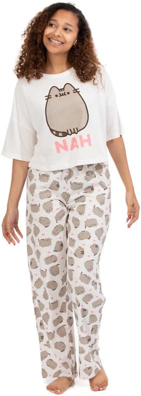 Pijama feminino pusheen | Adultos Ladies Cartoon Cat Nah Camiseta branca com fundo longo PJS | Mercadoria de anime