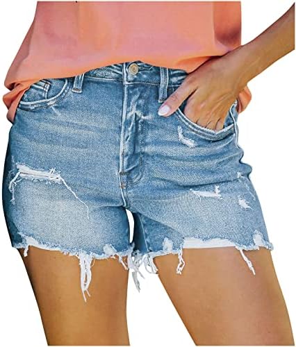 Shorts de jeans de cintura alta feminino de verão de verão casual de cor sólida rasgada com estação estressada