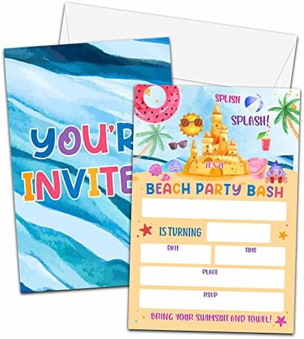 Cartões de convites para festas de aniversário de praia, convite de aniversário de verão para crianças, convites de preenchimento de tema de surf de dupla face para meninos/meninas, 20 convite com envelopes, respingos de festas de aniversário decorações -04