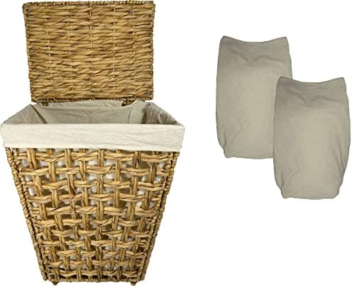 O cesto de lavanderia triangular da loja da Acacia Store com 2 sacos de lavanderia algodão, dobráveis ​​com 4 pernas, feitas no Vietnã, 23 polegadas x 18 polegadas x 13,5 polegadas
