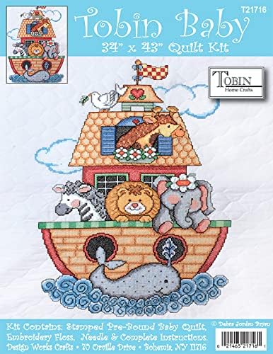 A Arca de Tobin Noah estampou para Cross Stitch Baby Quilt Kit, Branco/Multicolor 43 X 34