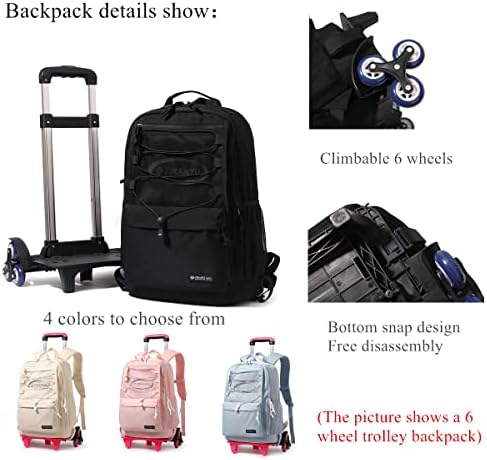 Ekuizai Solid Color Backpack Rolling para meninas adolescentes, bolsas de carrinho de ensino médio, mochila
