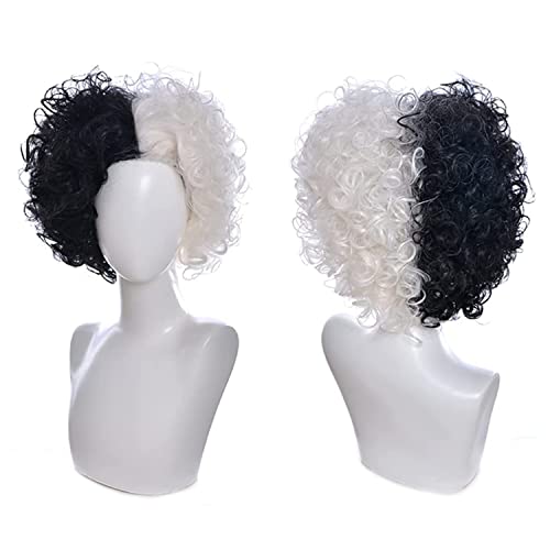 LSHPRESX Curly meio branco meio preto resistente a calor peruca sintética+tampa da peruca para o Halloween