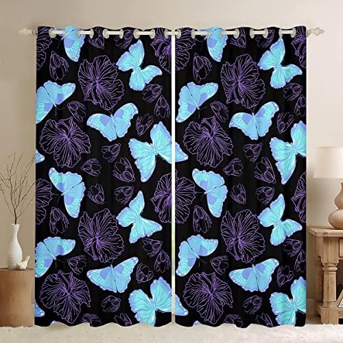 Cortinas de borboleta sonhadora azul e cortinas de hibiscus cortinas de janela para crianças
