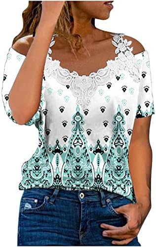 Ombros frios para mulheres, blusa de tira de tira de renda casual elegante, com manga curta, camiseta floral v teles de túnica no pescoço
