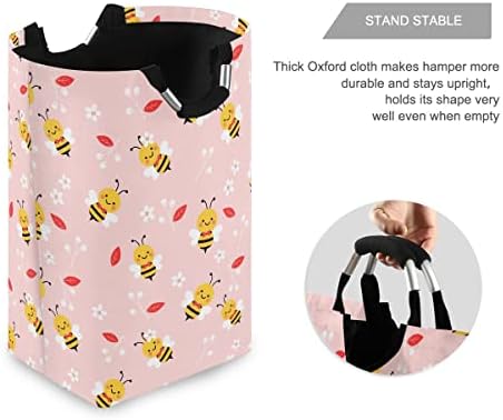 Bolsa de lavanderia Mnsruu com alças, flores de abelha em cesto de lavanderia dobrável dobrável rosa para