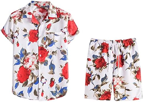 Summer Hawaiian Set for Men's Rose Printed Short Short Shorts Botão de lapela Tops de calças curtas 2pc