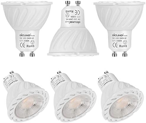 Dicuno ProoE GU10 LED Bulb High Cri 98, 50W Halogen equivalente, Proteção para os olhos sem fleking, lâmpadas brancas de 3000k de 5w, 5W, 5W, Bulbos de Spotbls 350lm não-minúsculos para pista, iluminação embutida, 6 pacote
