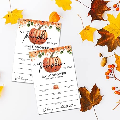 Fall Little Pumpkin Baby Shower Invitations Sweet Pumpkin está a caminho, folhas de outono, tema do outono, pacote de 20 cartões de convite de preenchimento e 20 envelopes, 4''x6 '', Gênero Reveal Neutro - JY021