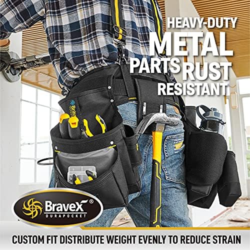 Suspenders de cinto de ferramentas Bravex - Tool Vest Pro Ultra 20 Bolsas Belas de Tool de estilo Y Belts 5 Comb Compone Tool Burch para Framers Carpenter Eletricista 1200D Nylon balístico