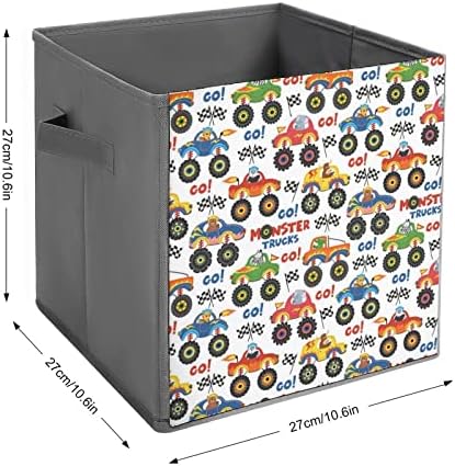 Nudquio Monster Trucks com animais dobrando caixas de armazenamento Caixas colapsíveis Cubo de tecido Organizador simples com alças para casas de casas Toys Books 10 x 10 polegadas