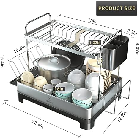 Rack de secagem de pratos genten, 2 camada grande rack de secagem com drenagem 304 rack de prato de aço inoxidável para balcão de cozinha com bico giratório, suporte de utensílios, rack de xícara