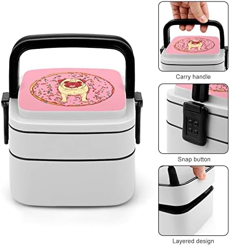 Pug Donuts lancheira Box portátil Bento Box de camada dupla de grande capacidade Recipiente de alimentos