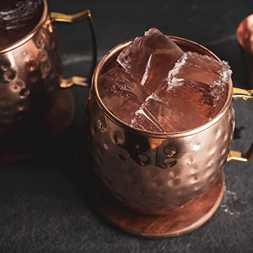 Pontos orgânicos Moscow Mugs Copper Canecas - 4 canecas de cobre artesanais autênticas com 2 oz. Vidro de tiro, acabamento martelado, 4 canudos, 4 montanhas -russas de madeira maciça, caixa de presente incluída