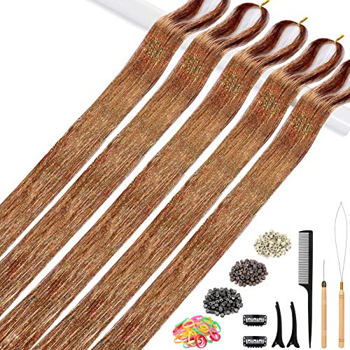 Kit de tinsel de cabelo, 5pcs de 48 polegadas 2500 fios de tinsel extensões de cabelo com ferramentas, kit
