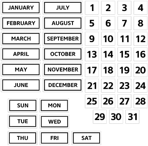 Pacote de ímã de calendário para quadro branco e geladeira, o pacote de calendário magnético inclui meses, dias da semana, números de 1 a 31, branco com letras pretas