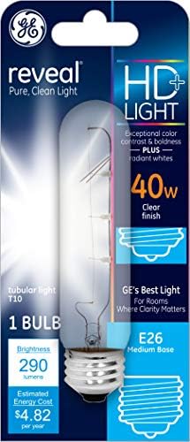 A iluminação GE revela lâmpadas de tubo incandescentes tubulares HD T10, acabamento claro, 40 watts, 290 lúmen, e26 base média, 5-pacote