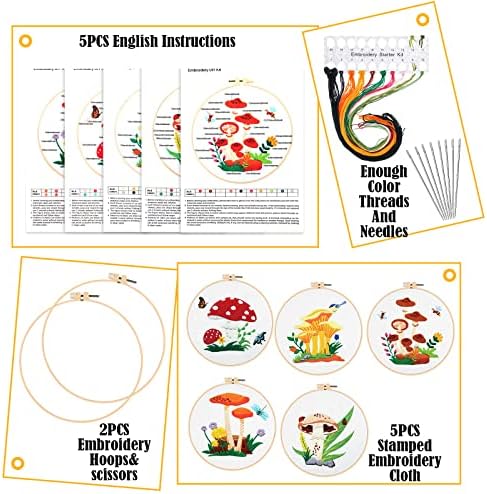 5 conjuntos de bordados kit de partida com padrões e instruções Cruz de cogumelo para iniciantes para