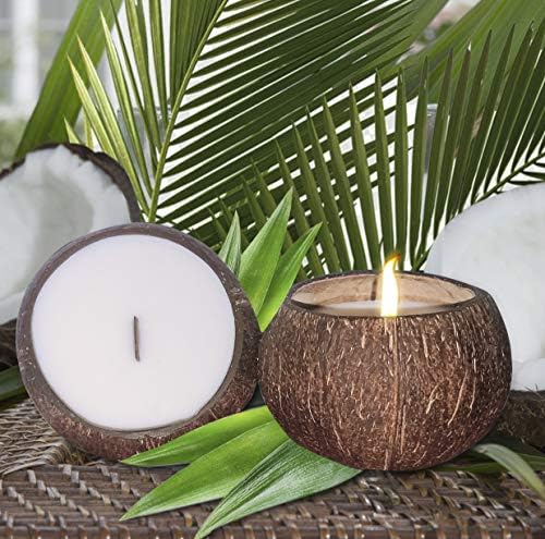 Vela de tigela de coco com aroma de jasmim - soja premium de 14 onças - vela perfumada com aroma de madeira - casca natural de coco - ecológica - ideal para decoração para casa e praia - vela de aromaterapia
