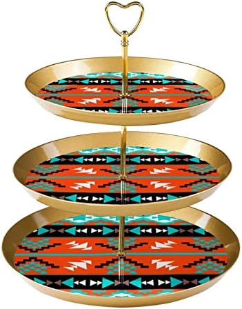 Suporte de bolo, conjunto de exibição de mesa de sobremesa, placa de exibição de sobremesa de frutas, stripes geométricas retrô padrão de arte tribal