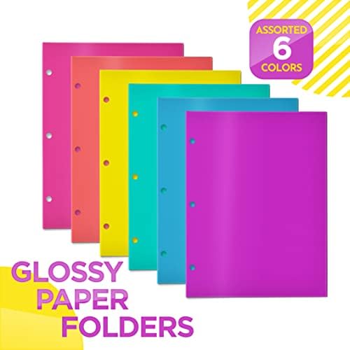 4 pastas de papel laminadas brilhantes de bolso, portfólios de punção de 3 orifícios, cores variadas, por melhores