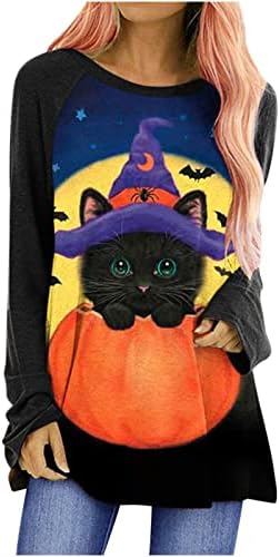 Mulheres Halloween Camise Casual Top Top Trendy Loose Fit Pumpkin Túnica longa camiseta de gato