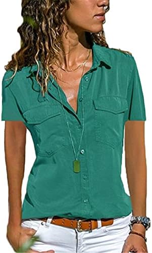 ANDONGNYWELL Women's Lapela de manga comprida camisas tops simples Bolsos de abaixar de tamanho grande