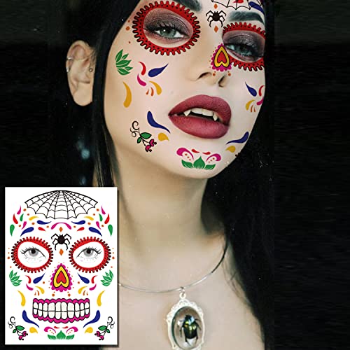 Tazimi Halloween Face Tattoos temporário - Dia do Skull Dead Sugar Skull Tattoo para mulheres adultas e