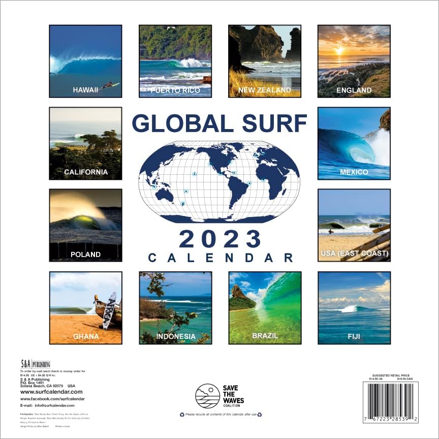 Publicação Global Surf 2023 Parede do calendário beneficiando salvar as ondas, Surfing Board Sports