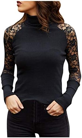 Camisa de manga comprida preta feminino de renda com manga de gola alta de gola alta para mulheres