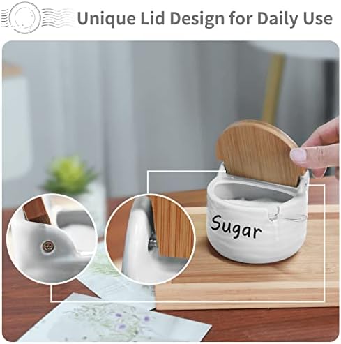 77L Sugar Bowl com adesivo, tigela de açúcar em cerâmica com colher de açúcar e tampa de bambu para casa