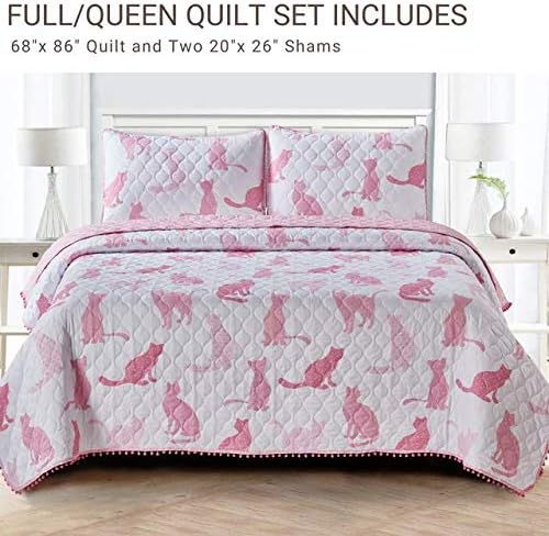 Sleeping Partners 3 peças Pink Cats Quilt Conjunto com mini pompons, cheio/rainha, rosa
