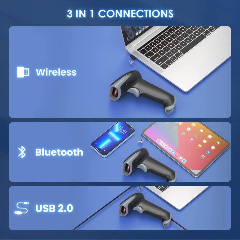 Scanner de código de barras sem fio eyoyo, [2.4g Wireless & Bluetooth & USB Wired Connection], Ergonomics Handheld