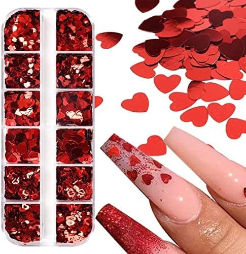 Lantejoulas de glitter de unhas de coração vermelho para decoração de unhas do dia dos namorados, 3D