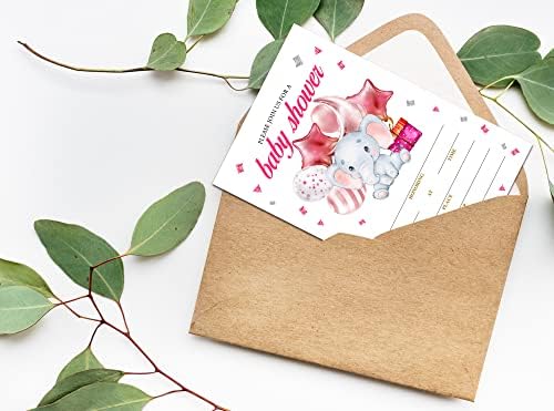 Cartões de convites para festas de chá de bebê de Oudiea, elefante rosa de gênero de gênero de gênero de festas, gênero neutro decorações de chá de bebê - 25 preenchem cartão com envelopes brancos -