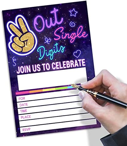 Cartões de convite de festa de 10º aniversário, convite de festa de aniversário de neon com envelopes