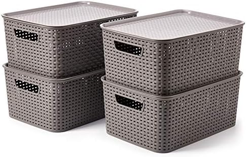 Conjunto de EZARARE de 4 caixas de armazenamento com tampa, grandes contêineres de caixa de cesta de vime de tecelagem de plástico com tampa e alça - cinza, 15,4x10.5x6,7 polegadas