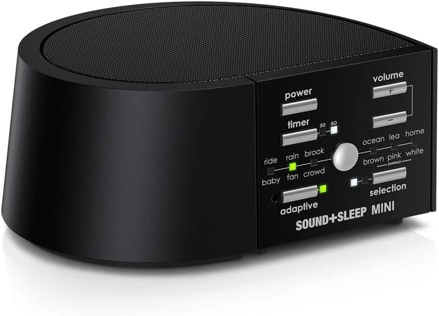 Tecnologias de som adaptativas Som+sono Mini Máquina de som do sono de alta fidelidade com sons naturais que não lutam, sons de ventilador, ruído branco, rosa e marrom e tecnologia de som adaptável - preto
